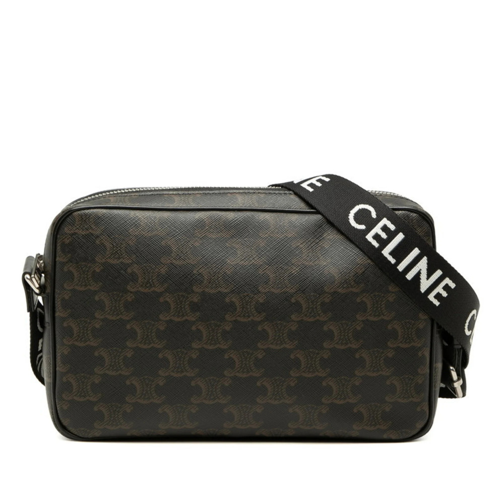 Celine Triomphe Medium Logo Print Messenger Shoulder Bag, Black Leather, Wome...